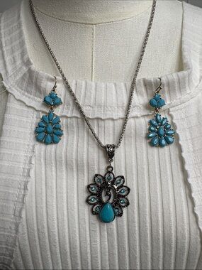 Turquoise Peacock Pendant Necklace & Earrings Set
